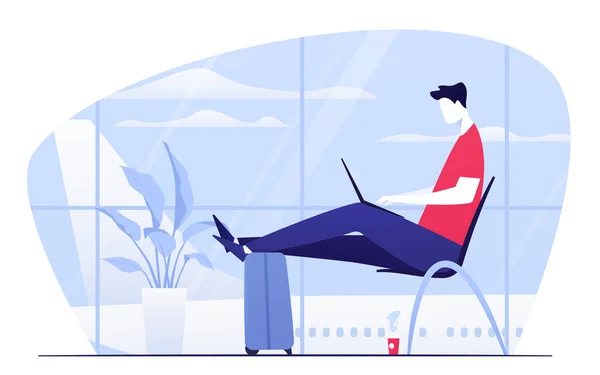 Vektor illustration av en ung man med laptop sitter i avgångs Lounge på flygplatsen — Stock vektor