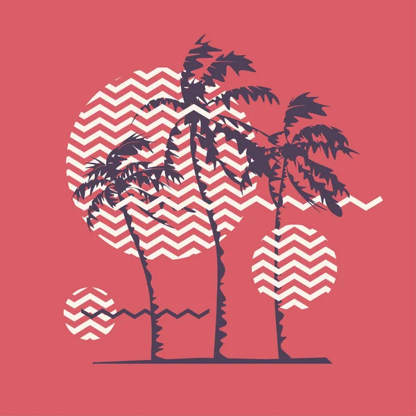 T-shirt grafica dal design geometrico con palme stilizzate sul tema dell'estate, vacanze, spiaggia, mare, tropici . — Vettoriale Stock