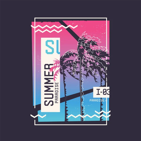 Καλοκαιρινός παράδεισος. Γραφική σχεδίαση t-shirt για το θέμα του καλοκαιριού, διακοπές, παραλία, seacoast, τροπικές. — Διανυσματικό Αρχείο