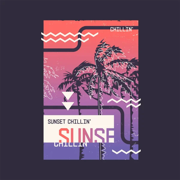 Chillin al tramonto. Progettazione grafica t-shirt sul tema dell'estate, vacanze, spiaggia, costa, tropici . — Vettoriale Stock