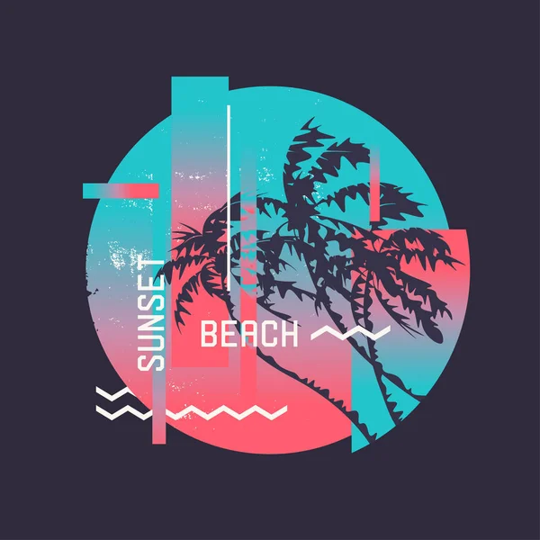 Sunset Beach. Diseño gráfico de camisetas sobre el tema de verano, vacaciones, playa, costa, trópicos . — Vector de stock