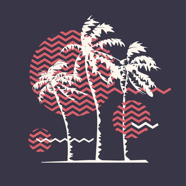 Grafik-T-Shirt geometrisches Design mit stilisierten Palmen zum Thema Sommer, Urlaub, Strand, Meeresküste, Tropen. — Stockvektor