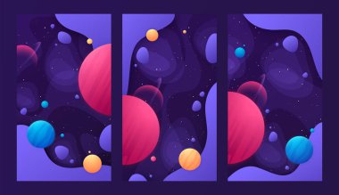 Uzay konusunda renkli kapak tasarımları ayarlayın. Vektör çizimi