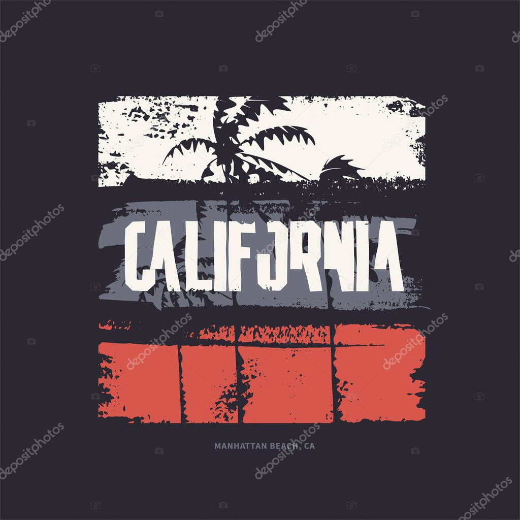 Graphic t-shirt design on the topic of California. Vector illustration