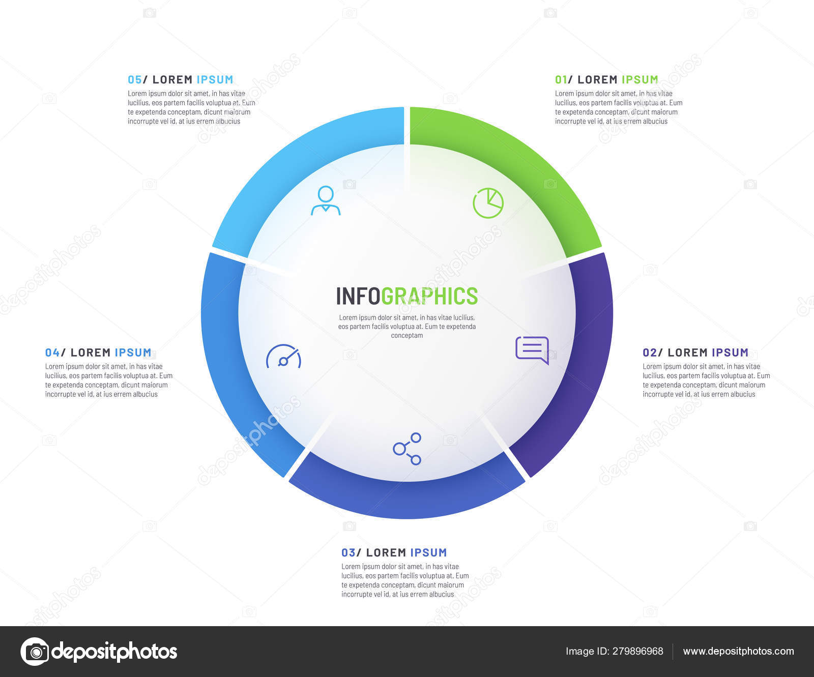 円グラフインフォグラフィック テンプレートを 5 つの部分で割った値