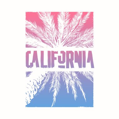 Stilize palmiye ağacı ile California konusunda Grafik t-shirt tasarımı. Vektör çizimi
