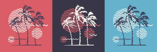 Camiseta gráfica de diseño geométrico con palmeras estilizadas sobre el tema de verano, vacaciones, playa, costa, trópicos. Ilustración vectorial — Vector de stock