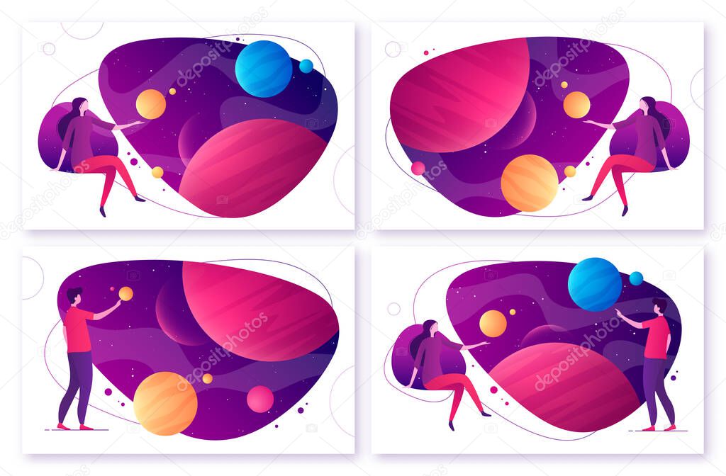Set of different options for vector illustration on the topic of space, imagination, exploring, innovation, virtual and augmented reality