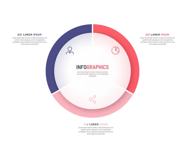 Plantilla infográfica de gráfico de pastel dividida por tres partes. Ilustración vectorial — Archivo Imágenes Vectoriales