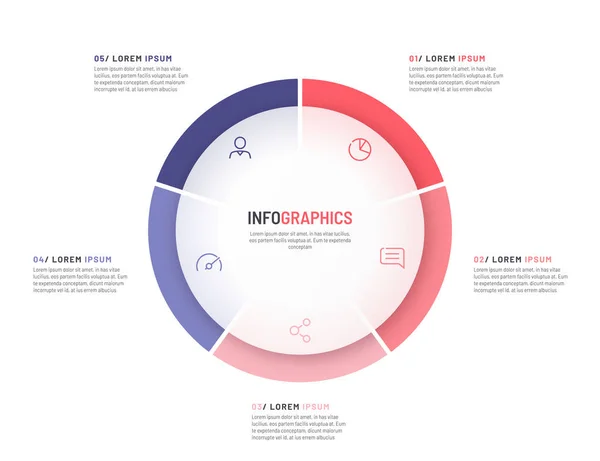 Plantilla infográfica de gráfico de pastel dividida por cinco partes. Ilustración vectorial — Archivo Imágenes Vectoriales