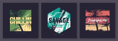 Kaliforniya teması üzerine üç vektör grafik tişört tasarımı, poster, baskısı koleksiyonu