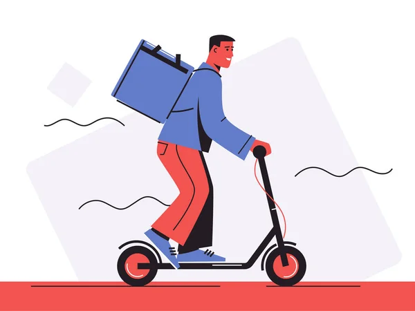 Ilustración vectorial de un mensajero de reparto de alimentos que monta una scooter eléctrico — Vector de stock
