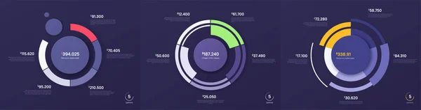 Conjunto de diseños de diagramas circulares vectoriales, plantillas modernas para crear infografías, presentaciones, informes, visualizaciones — Vector de stock