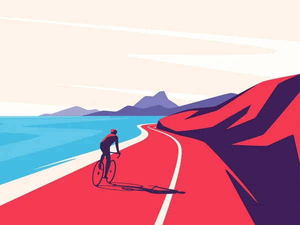 Ilustração vetorial de um ciclista andando ao longo da estrada da montanha oceânica — Vetor de Stock