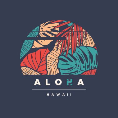 Aloha Hawaii. Renkli tropikal t-shirt tasarımı, poster, baskı, etiket