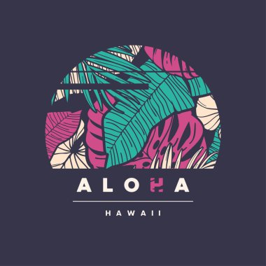 Aloha Hawaii. Renkli tropikal t-shirt tasarımı, poster, baskı, etiket