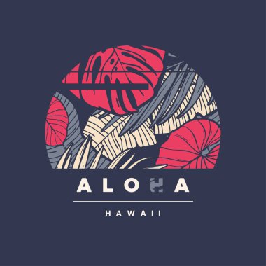 Aloha Hawaii. Renkli tropikal t-shirt tasarımı, poster, baskı, etiket
