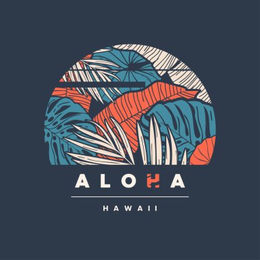 Aloha Hawaii. Renkli tropikal t-shirt tasarımı, poster, baskı, etiket