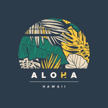 Aloha Hawaii. Renkli tropikal t-shirt tasarımı, poster, baskı, etiket