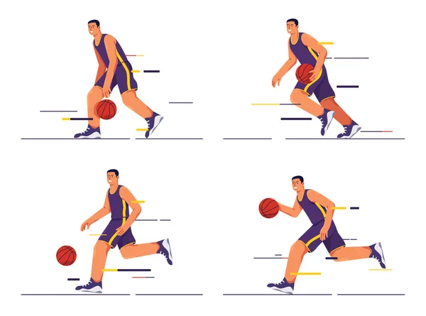 Uppsättning vektorillustrationer av en basketspelare i rörelse — Stock vektor