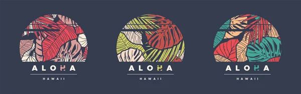 Aloha Hawaii. Conjunto de três desenhos coloridos t-shirt vetor tropical, cartazes, impressões, rótulos —  Vetores de Stock