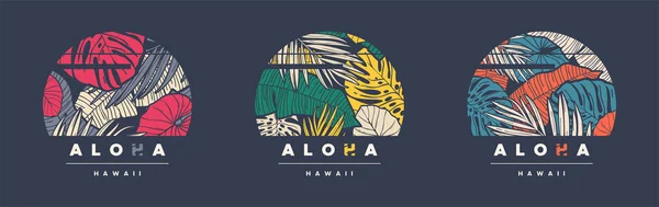 Aloha Hawaii. Sada tří barevných tropických vektorových vzorů triček, plakátů, potisků, etiket — Stockový vektor