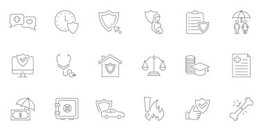 Sigorta ve Koruma Hattı Simgeleri ayarlandı. Kapsama alanı, Mali Güvenlik ve Risk Yönetimi Sembolleri. Düzenlenebilir Vuruş. İzole Vektör İllüstrasyonu.