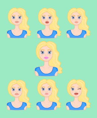 Kadın duygular. Uzun saçlı sarışın kadın. Kadın çıkartmaları kümesi. Vektör çizim