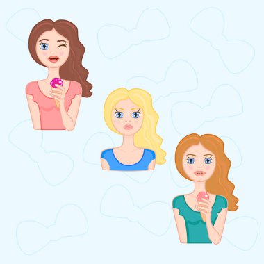 Üç kız ayarla. Duygusal çıkartmaları. Kadın dondurma yemek. Vektör çizim