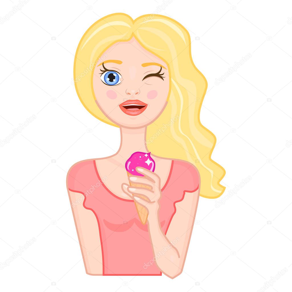 Beautiful blonde woman with ice cream. Idea for notebook, sticker, t-shirts, badges. The girl winks. Vector illustration