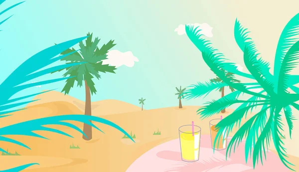 Dva Koktejly Tabulku Růžové Krásná Krajina Palmami Písku Vektorové Ilustrace — Stockový vektor