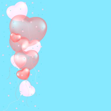 Mavi arka planda konfeti ile pembe ve beyaz kalpler balonlar
