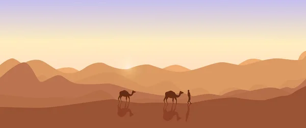 Camelos Deserto Paisagem Com Areia Pôr Sol — Vetor de Stock