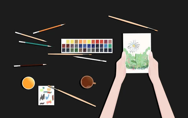 Arbetsplats med akvarellfärger, färgpennor och penslar i minimalistisk stil. — Stock vektor