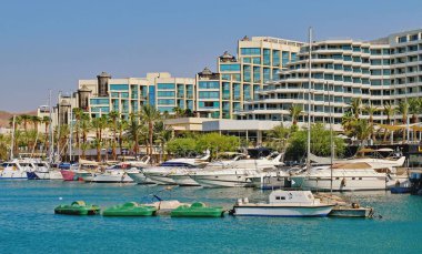Eilat, Israil, 12 Ağustos 2017. Eilat, Kızıldeniz kıyısında yer almaktadır. rekreasyon ve su turizmi için harika bir yer.