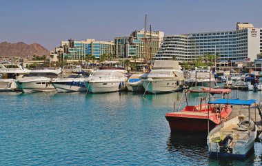 Eilat, Israil, 12 Ağustos 2017. Eilat, Kızıldeniz kıyısında yer almaktadır. rekreasyon ve su turizmi için harika bir yer.