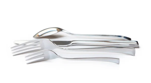 光沢のある食器 フォーク 白い背景で隔離のナイフ — ストック写真