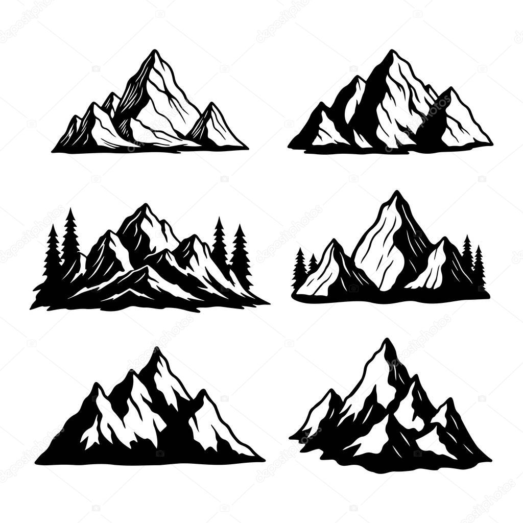 Mountain Silhouette Illustration Set, Hand Drawn Vintage Nature Landscape Collection