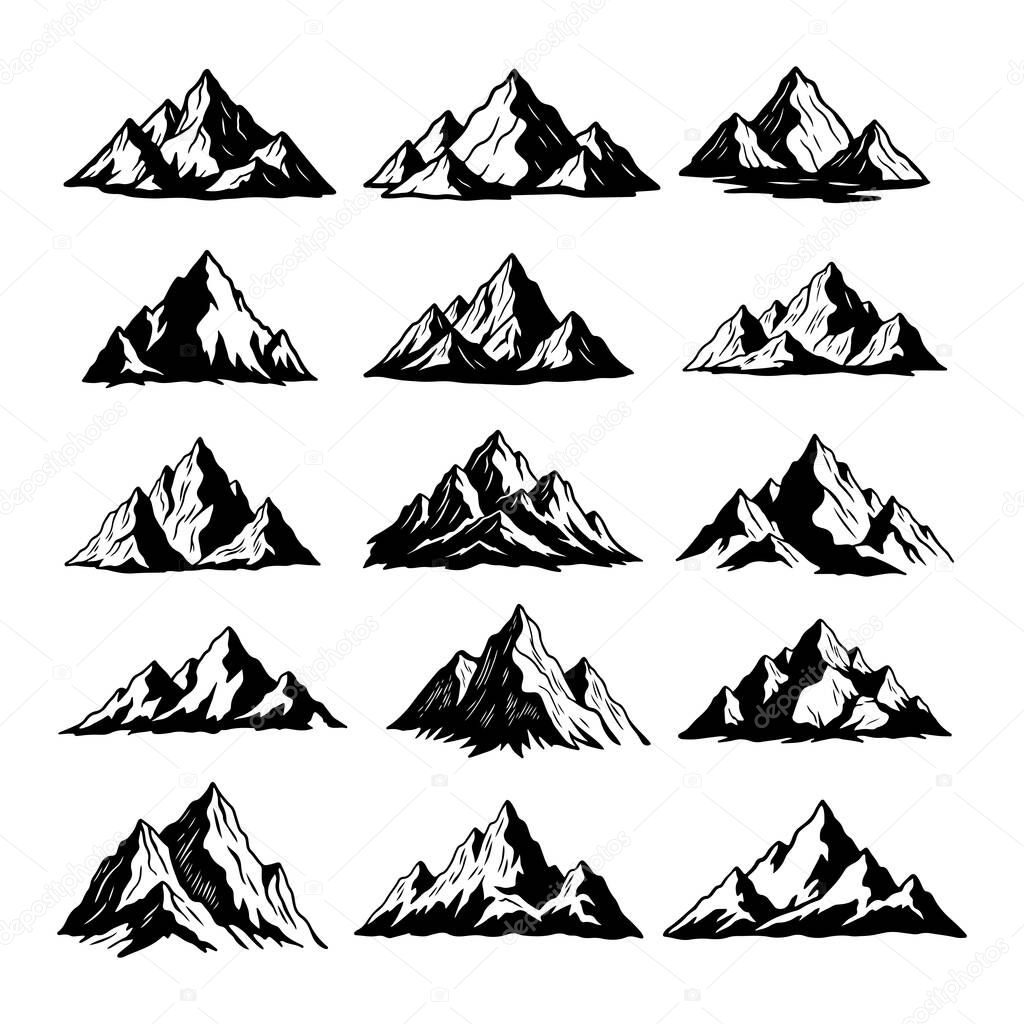 Mountain Silhouette Illustration Set, Hand Drawn Vintage Nature Landscape Collection