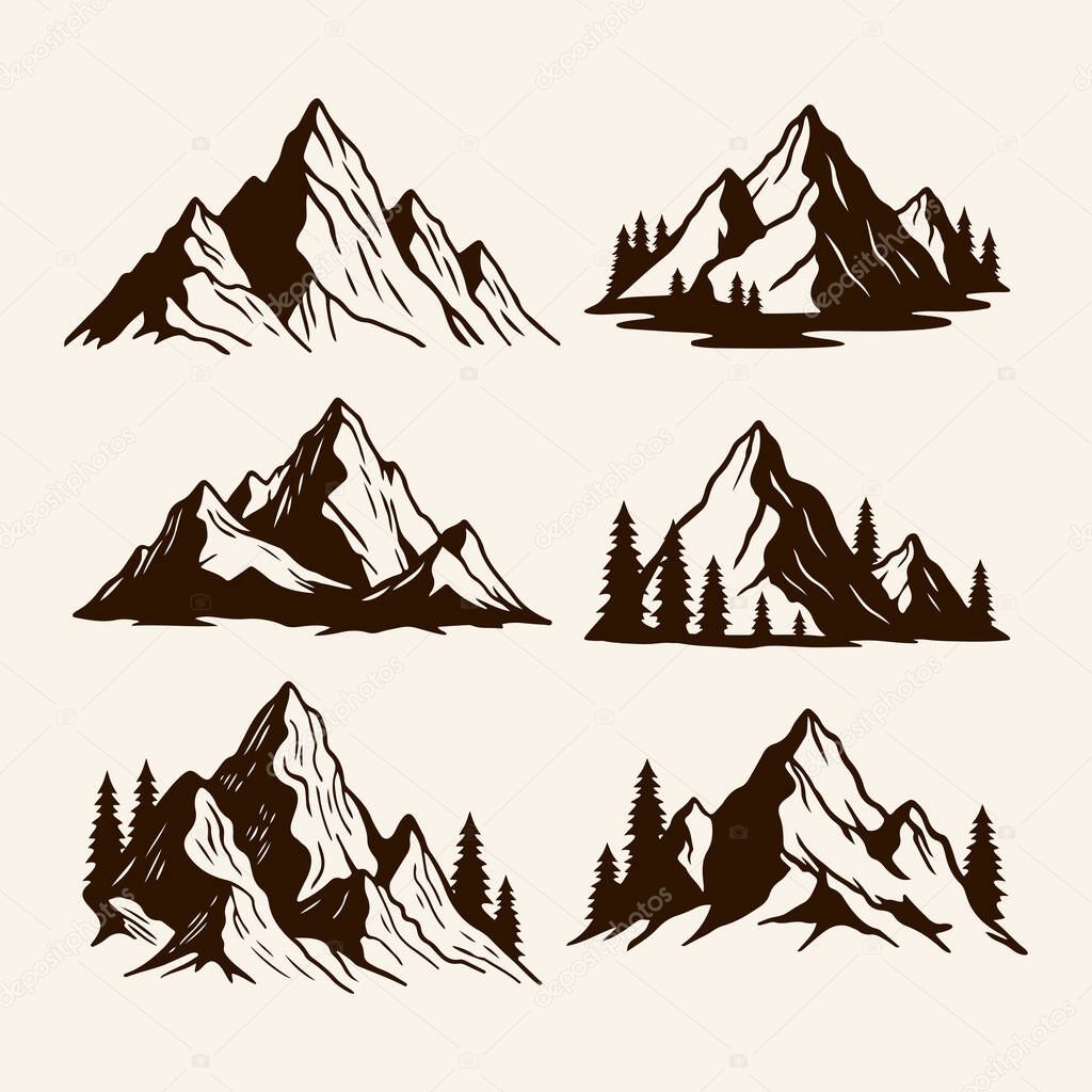 Mountain Silhouette Illustration Set, Hand Drawn Vintage Nature Landscape Collection