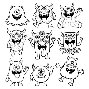 Sevimli Çizgi Film Canavarı Çocuklar için Vektör Çizgisi Sanat Karakterleri