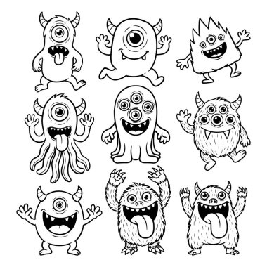  Sevimli Çizgi Film Canavarı Çocuklar için Vektör Çizgisi Sanat Karakterleri