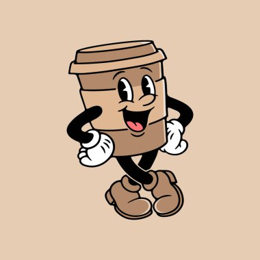 Retro Coffee Cup Maskot İllüstrasyonu, Şirin Çizgi Film Kafe Karakteri Tasarımı