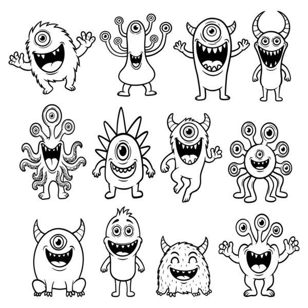 Sevimli Çizgi Film Canavarı Çocuklar için Vektör Çizgisi Sanat Karakterleri