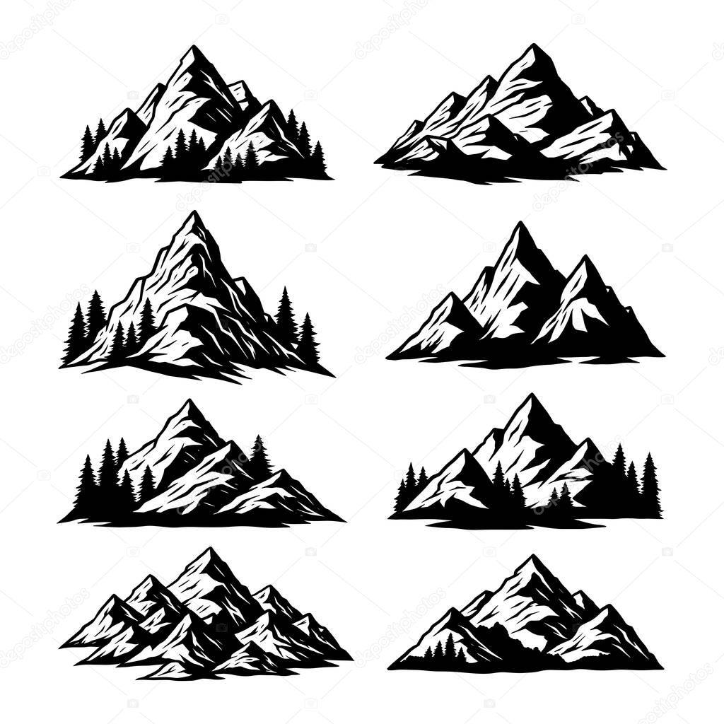 Mountain Silhouette Illustration Set, Hand Drawn Vintage Nature Landscape Collection