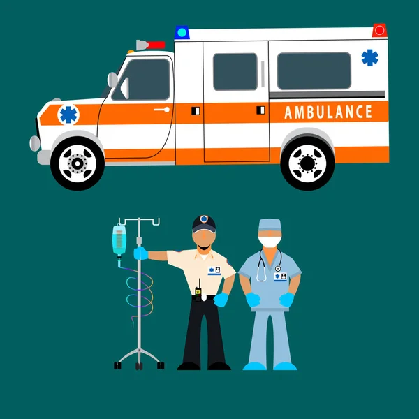 Ambulance, ambulance driver and a medical team with a dropper. Rescue work. Vector illustration