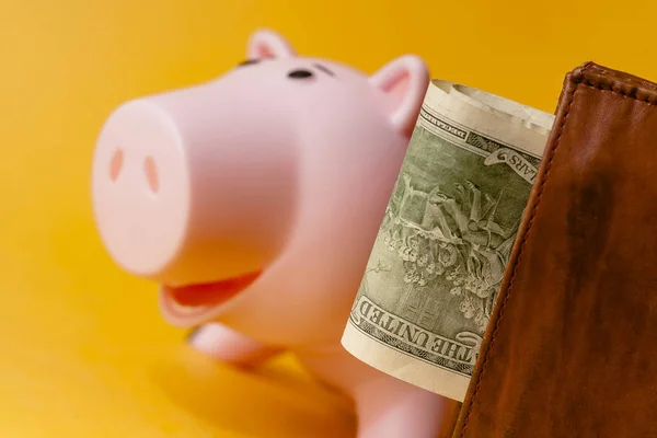 Brieftasche Mit Dollars Sparschwein Und Stapel Münzen Auf Gelbem Hintergrund — Stockfoto