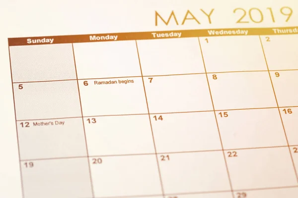 Calendar of May month 2019 - The date of beginning of ramadan. Ramazan beginning calendar date.