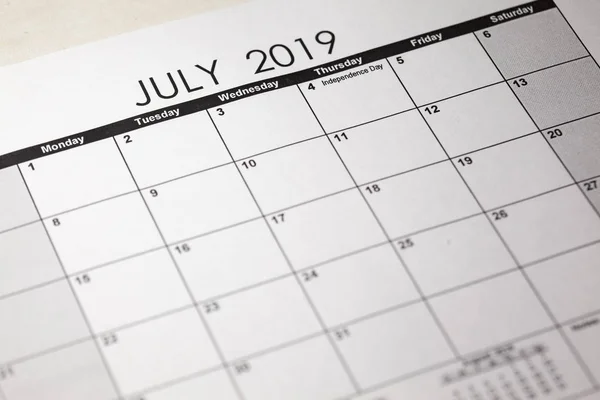 Page du calendrier montrant le 4 juillet Jour de l'indépendance américaine. Calendrier 2019 . — Photo
