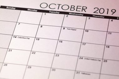 Yom Kippur seçici odak içinde Ekim 2019 takvimi. Tonlu görüntü.